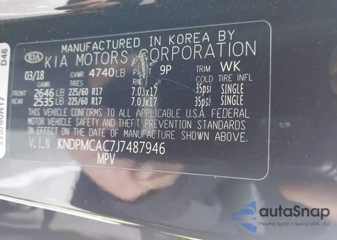 2018 Kia Sportage Lx z USA, uszkodzony, nr VIN KNDPMCAC7J7487946